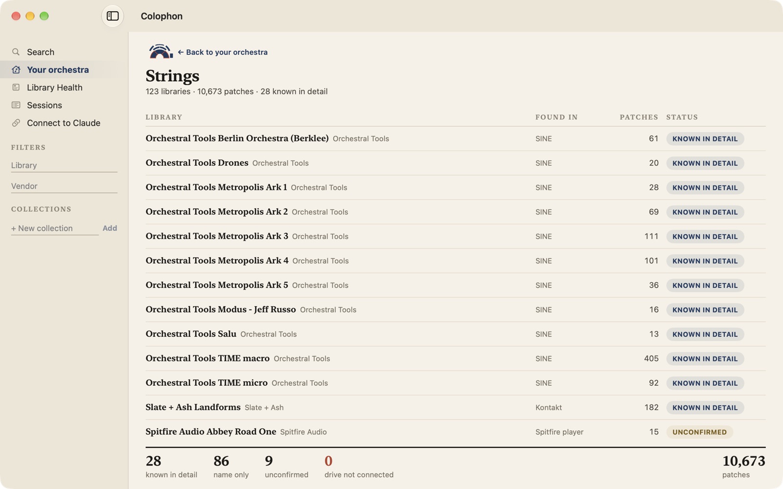The app's Strings ledger: 123 libraries and 10,673 patches. Rows list libraries such as Orchestral Tools Berlin Orchestra, the Metropolis Ark series, TIME macro and micro, and Slate + Ash Landforms as known in detail, and Spitfire Audio Abbey Road One as unconfirmed. A footer tallies 28 known in detail, 86 name only, 9 unconfirmed and 0 drive not connected.